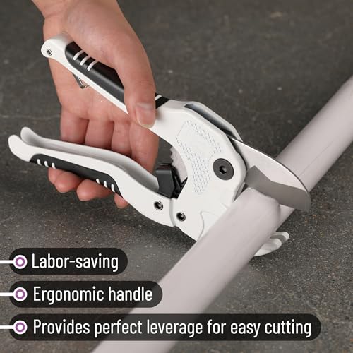 Bates- PVC Pipe Cutter, Cuts up to 1-5/8", Ratchet Pipe Cutter, PEX Cutting Tool for Cutting PEX, PVC, PPR Plastic Hoses and Plumbing Pipes, Ivory - color: Ivory