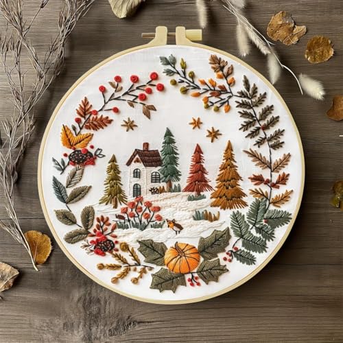 Embroidery Kit for Beginners, Boho Nature Landscape Pre-Stamped Pattern Kits for Adults with Hoop, Easy to Follow Color Thread Needlework