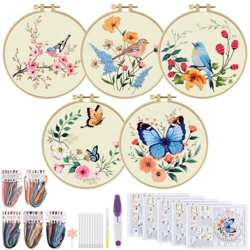ERKOON 5 Sets Embroidery Kit for Beginners Adult Bird Flower Cross Stitch - color: Butterfly and Hummingbird