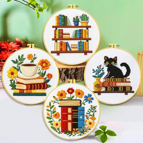 Zhenqing 4 Themes Cross Stitch Kit Set - 11CT 9.45x9.45Inch, Coffee/Books/Cats/Floral Designs, DIY Embroidery Kit with Full Tools (Hoops, Scissors, Tassels) & Guide, Cozy Home Decor Gift(69601) - color: 69601