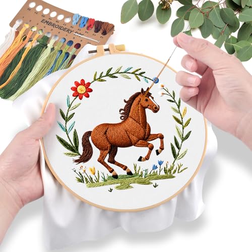 ERKOON Embroidery Kit for Beginners Adult, Cross Stitch Set Include Embroidery Cloth Hoop Threads for Craft Lover Hand Stitch with Embroidery Skill Techniques (Horse) - color: House