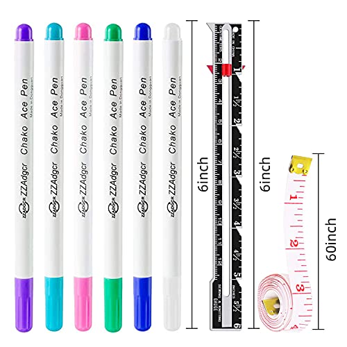 Fabric Markers Pens, 6 Color Water Soluble Erasable Marking Pens, 1 Pcs Gauge Sewing Measuring Tool, 1 Soft Tape Measure, for Tailor's Disappearing Ink Pen, Sewing Fabric Markers and Tracing Tools