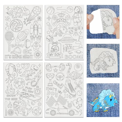 4 Sheets Water Soluble Embroidery Patterns Stabilizers Boyish Theme Embroidery Stick and Stitch Paper with Pre-Printed Sports Dinosaurs Patterns for Hand Sewing Lover Beginners - style: Sports & Dinosaurs