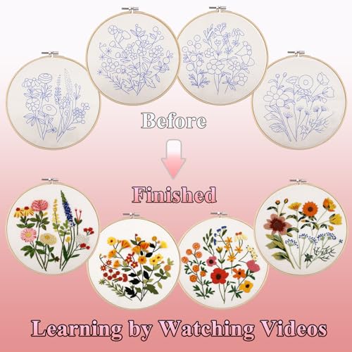 VIVIDOX 4 Sets Embroidery Kit for Beginners with Stitch Video, Flower Cross Stitch Kits for Adults, Starter, Hand Craft Lover Practice with Floral Stamped Pattern, 2 Hoops, 16 Needles, Scissors, Tools - color: Floral Kit (with 2 Hoops)
