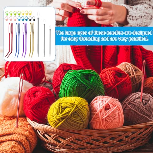 26 Pcs Large Eye Sewing Needles Kit, Yarn Darning Tapestry Needle Set Big Eye Sewing Needles Bent Curved Tip Crochet Needles Stitch Markers Accessories for Weaving Quilting Beading Project Supplies