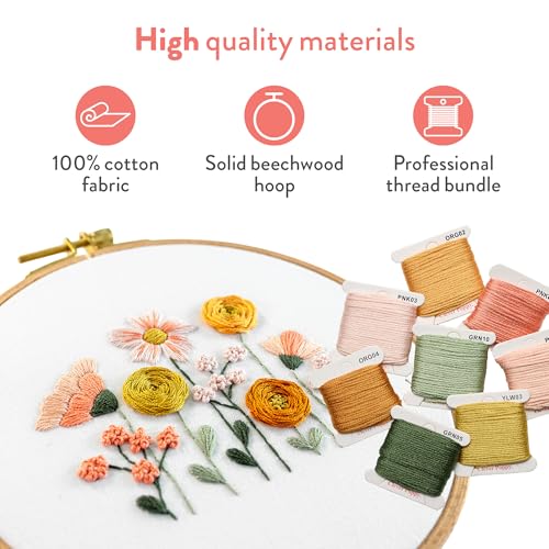 Clever Poppy Sunset Meadow Beginner Embroidery Kit – Easy Embroidery Kit for Beginners with Hoop, Thread & Patterns – Hand Embroidery Kit for Adults and Teens – Complete Embroidery Starter Kit