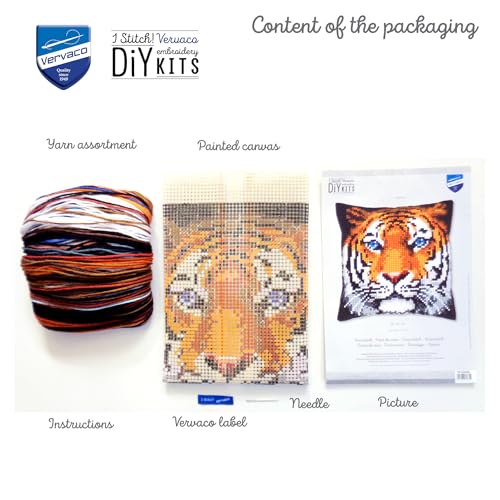 Vervaco Cross Stitch Embroidery Kits Pillow Front for Self-Embroidery with Embroidery Pattern on 100% Cotton and Embroidery Thread, 15,75 x 15,75 Inches - 40 x 40 cm, Tiger - color: multicolor