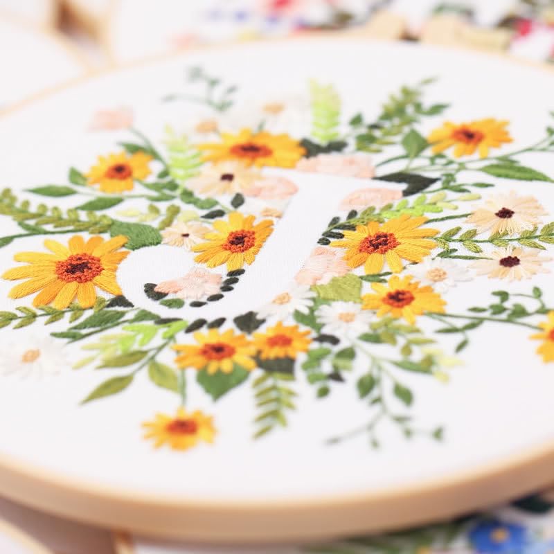 artcici Embroidery Kits Plant Flower Letter J Patterns for Beginners Adults, Full Range Embroidery Starter Kits Cross Stitch Needlework Supplies (Letter J) - color: Letter J