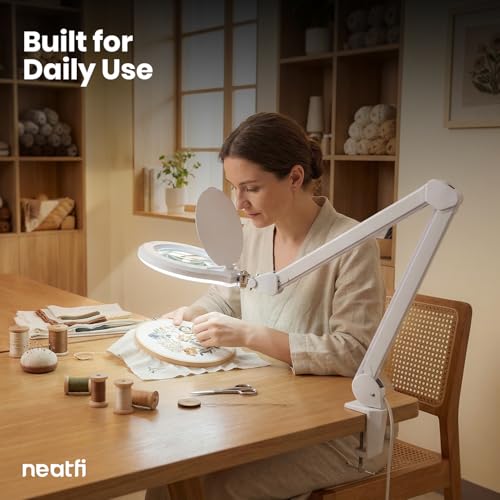 Neatfi Elite Super LED Magnifying Lamp with Clamp – 6” Glass Lens, 2.25X/4X Bifocal, 6500K Daylight | Glare-Free, Nonpolar Dimming | Reading, Crafting & Precision Work (6 Inch Lens, White) - color: White, size: 6 Inch Lens