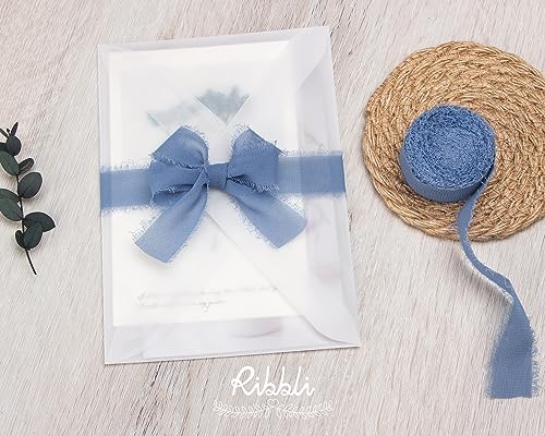 Ribbli Dusty Blue Chiffon Ribbon 1 Inch x 20 Yard Handmade Fringe Chiffon Silk Ribbon Dusty Blue Ribbon for Gifts Wrapping, Wedding Invitations, Bridal Bouquets, Flower Arrangement - color: Dusty Blue, size: 1 inch