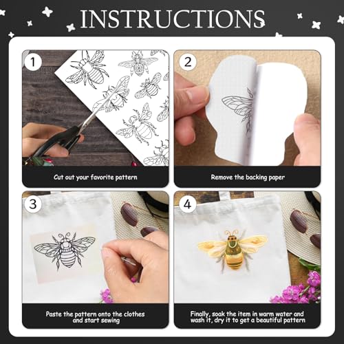 Rngmsi 4 Sheets Insect Embroidery Patterns Water Soluble Stick and Stitch - color: Insect