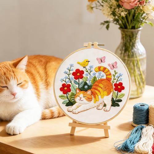 BEUNITONE 6 Set Cat and Flowers Embroidery Kit for Adults Beginners, Pre-Stamped Pattern Needlepoint Kits with Hoop, Tools, Instruction, Hand Embroidery Kits for Gifts, Fabric and Home Decor 7.9x7.9 - style: Cats Flowers