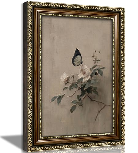 PZBPIUY Vintage Butterfly on Flower Framed Wall Art Antique Muted Botanical Insect Wall Decor White Rose Floral Botanical Oil Painting Print French Country Cottagecore Decor 12x16 Inch - color: Butterfly, size: 16"L x 12"W