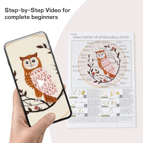Beginner Owl Embroidery Kit for Adults, Pre-Printed with Video Tutorial - color: Owl
