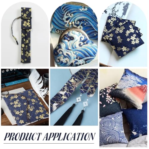 MAYJOYDIY 1 Yard 59 Inch Blue Japanese Cotton Fabric Sakura Quilting Bundles Gold Cherry Blossoms and Waves Print for Sewing Clothing Bag Tablecloth Sofa Pillow DIY Craft - color: Blue