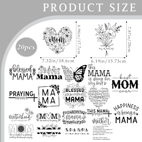 Dazoratix Mother's Day Iron on Transfers - 20 Sheets Mama Quote DTF Ready to Press Heat Patches Bulk Mom Floral Stickers Vinyl Decals Women T Shirts Clothes Pillow Bag Hat Gifts DIY Crafts Decorations - style: Mama Quote