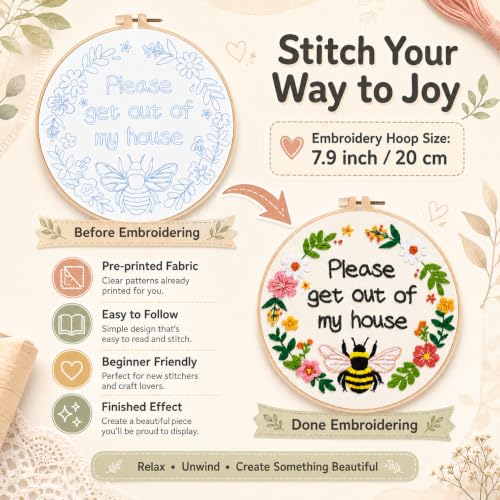 Nuberlic Please Get Out of My House Embroidery Kit, Stitch Craft Set - color: FUNNY BEE