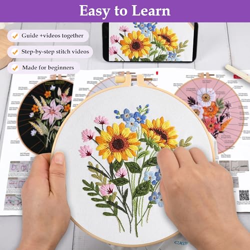 Uniartfy 3 Sets Embroidery Kit for Adults, Flower Pattern Embroidery Practice Kits for Beginners, Needlepoint Cross Stitch Kits Include Hoop, Colorful Threads, Tools, Easy to Learn Video & Instruction - color: Embroidery Kit-G
