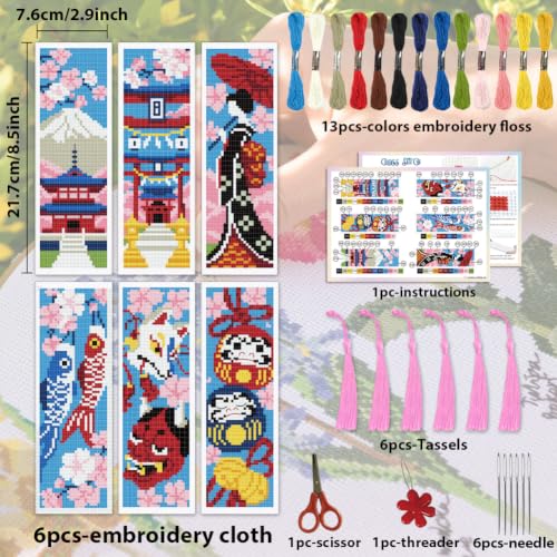 ACRNIGHEET 6PCS Cross Stitch Bookmark Kit for Beginner Stamped Cross Stitch Kits for Adults Japanese DIY Tassel Embroidery Bookmark Kits Needlepoint Kit with Instructions Craft Gift 8.5''x3'' 11CT - style: Japanese with Tassel