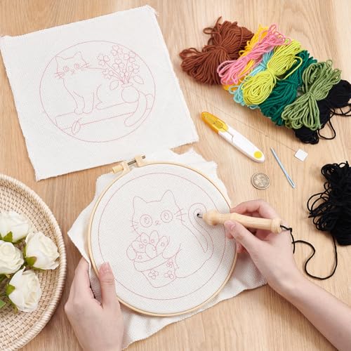 BEUNITONE 2PCS Cat Punch Needle Kit for Adults Beginners, Complete Craft Embroidery Needlepoint Kits with Hoop and Instructions, Punch Needle Starter Craft Set for Home Decor, Festival Gift 20x20cm - color: 01-Cats and Plants