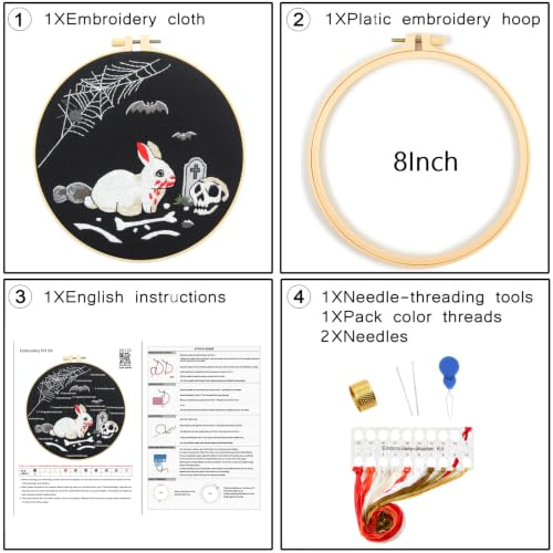 Halloween Embroidery Kits for Beginners Adults, Gothic Rabbit Embroidery DIY Kit, Halloween Cross Stitch Kits Needlepoint Kits for Beginners Adults Woman Gifts, Embroidery Hoop, Thread, Video Tutorial - color: H2123