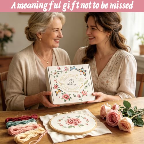 Bonroy Beginner Embroidery Stitch Book with Fabric Pages, Essential Stitches in Structured Learning Order for Adults, DIY Sewing Kit with Floral Motifs, Practice Patterns