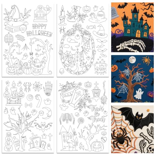 ORIGACH 4 Sheets Large Halloween Water Soluble Embroidery Stabilizers, Halloween Words Pumpkin Ghost Bat Patterns Stick and Stitch Embroidery Paper Hand Sewing Stabilizers for Embroidery Beginners - color: Halloween Words Pumpkin Ghost Bat