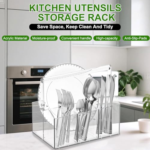 Chivalral Clear Acrylic Utensil Caddy, 4 Compartment Silverware Holder