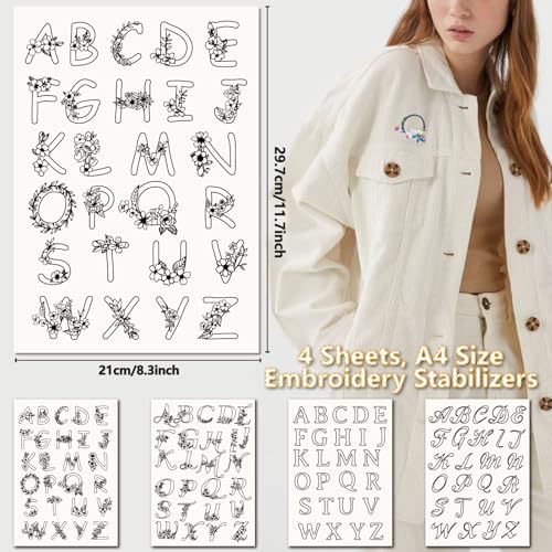 CRASPIRE 4 Sheets 104Pcs A-Z Letters Water Soluble Embroidery Patterns Stabilizers Alphabet Hand Sewing Stick and Stitch A4 Transfers Fabric Wash Away Pre-Printed Self Adhesive for Cloth DIY Lovers
