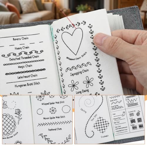 Kegeeei 1 Set Portable Embroidery Stitch Book Kit, Embroidery Sampler Practice Book with Complete Sewing Set, All-Scenario Stitch Guide & Tutorials for Beginners & Craft Lovers