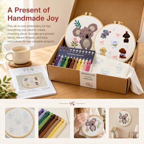 QIZUOLIFE Animal Embroidery Starter Kit, Koala & Puppies, 2-Pack