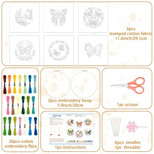 BEUNITONE 6 Set Embroidery Kit for Beginner Adults, Colorful Butterfly Floral DIY Cross Stitch Set with Stamped Pattern Hoops Threads Cloth Needles, Embroidery Starter Kit for Home Decor and Gifting - style: Butterfly