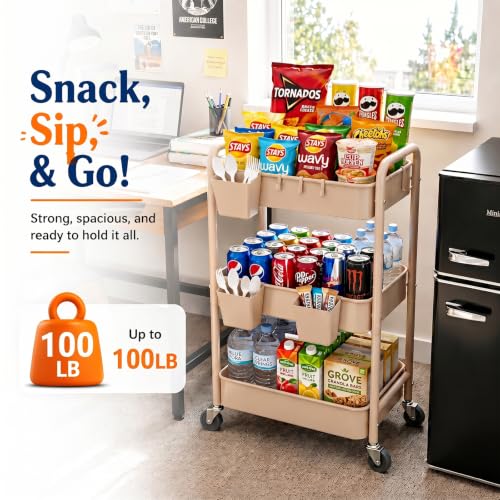 Beige 3 Tier Rolling Storage Cart Metal on Wheels, Cream Diaper Caddy Carts - color: Gentle‌ Beige, size: 3 Tier + Cups + Hooks