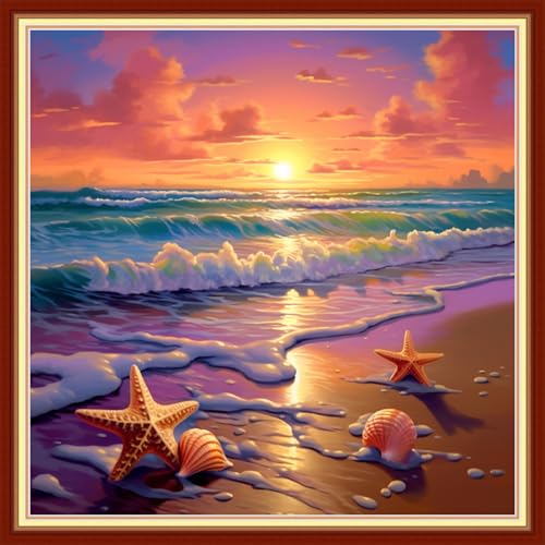 Redxing Stamped Cross Stitch Kits Embroidery kit for Beginners Adults Full Range of Embroidery Patterns Starter Kits DIY Printed Cross Stitch Kits Needlepoint Kits 11CT-Sunrise by Sea 18x18 inchs - color: Artskits13