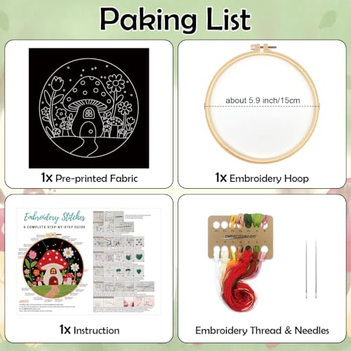 Louise Maelys Embroidery Kit for Beginners, Mushroom House Pattern - color: Mushroom House