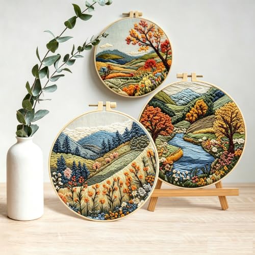 EUBUY Embroidery Kit for Beginners, 3 Set Landscape Embroidery Kits for Beginners, Boho Nature Landscape Pre-Stamped Pattern Kits for Adults with Hoop Needles Threads - color: Type 4