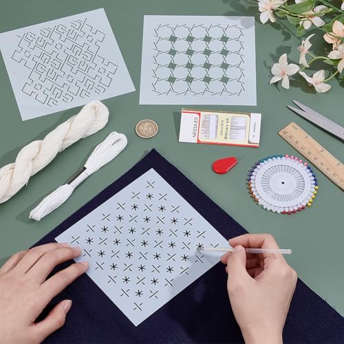 INFUNLY 3 Set Sashiko Drawstring Bag Kit DIY Sashiko Coin Purse Navy Blue Fabric Set for Beginners Make Your Own Tote Bag Thread Needles Hand Sewing Kit for Adults - style: Wave pattern
