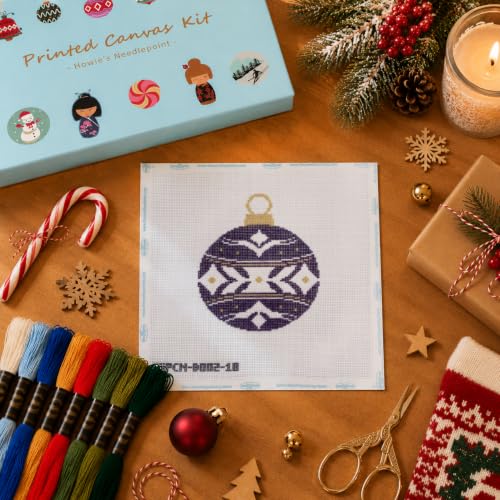Howie's Needlepoint Bauble Needlepoint Kits for Adults & Beginners, 18 Mesh Printed Needlepoint Canvas, Stamped Patterns Canvas Starter Kits(Blue Bauble,4"x 4") - color: Blue Bauble
