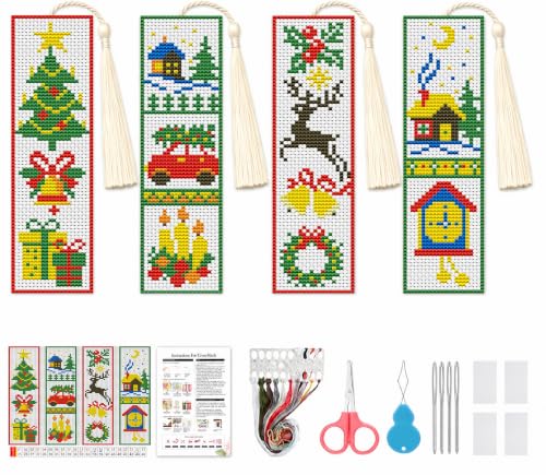 VIGEGU 4 Pack Christmas Cross Stitch Bookmark Kits for Adult Beginners - color: Christmas Cross Stitch bookmarks