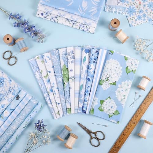 25 Pcs Blue Quilting Fabric Squares 10 x 10 Inch Cotton Precut - color: Blue Floral