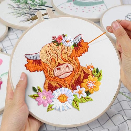 Louise Maelys 3 Set Highland Cow Embroidery Kit for Beginners Floral - color: highland cows