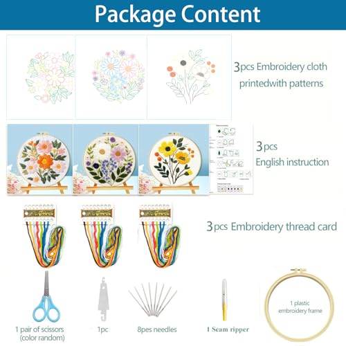 Zhenqing Floral Embroidery Kit for Beginners, 3 Patterns, 7.8in Hoop - color: Garden Bloom Trio Embroidery Kit