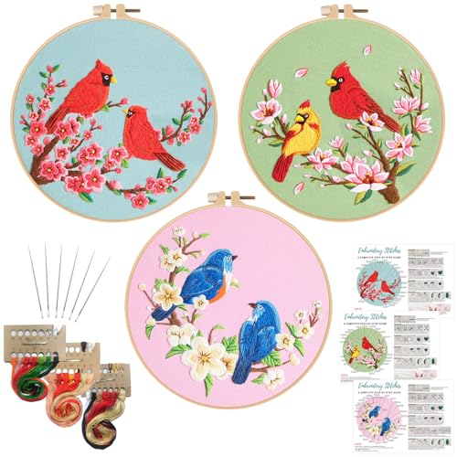 Nuberlic 3 Pack Embroidery Kit for Beginners with Cardinal & Blue Bird - color: Hummingbird and Flower