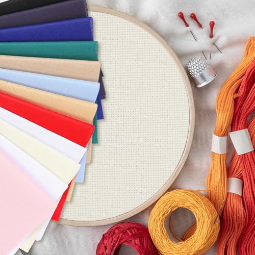 12 Pcs Aida Cloth 12 Color 14 Count Cross Stitch Fabric DIY Cross Stitch for Embroidery DIY Handmade Art Craft, 11.8 x 17.7 inch