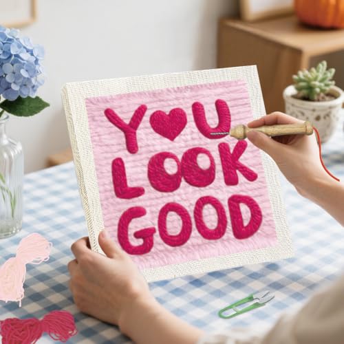 BEUNITONE Punch Needle Kit for Adults Beginners with Blessings Text, Complete DIY Craft Needlepoint Kits with Hoop, Punch Needle Starter Craft Embroidery Set for Festival Gift and Home Decor 9.4x9.4in - color: 10-You Look Good