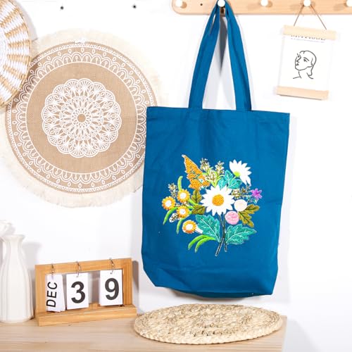 Canvas Tote Bag Embroidery Kit with Pattern for Beginners, Arts and DIY Embroidery Crafts Kits for Adults, Instructions, thimble, Embroidery Hoops, Color Threads (darkblue, CR002 chenhuicaoxin) - color: CR002 chenhuicaoxin darkblue