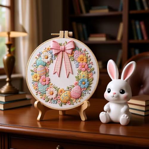 JJFox Embroidery Kit for Beginners and Adults, DIY Hand Embroidery Starter Kit with Cute Pattern, Cross Stitch Needlepoint Set with Hoop, Threads and Instructions (Easter Wreath) - color: Easter wreath