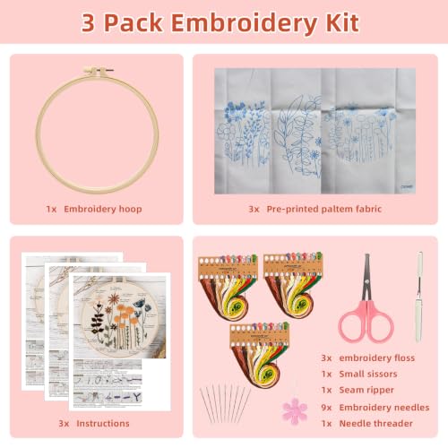 Herdiese Embroidery Kit for Beginners & Adults, 3 Floral Patterns & Hoop - color: Flower-E (3 Pack)