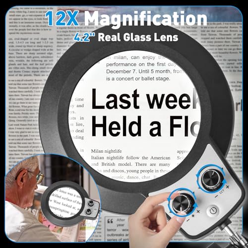 KIRKAS 12X Magnifying Glass with Light and Stand, Overhead Knob 2 in 1 - size: 12X 11.8 INCH Base & Clamp