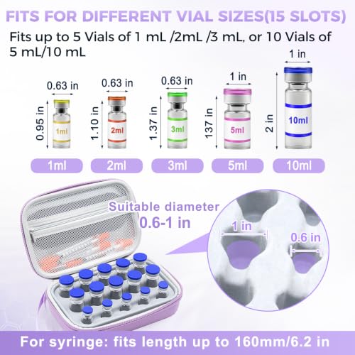 Peptide Case for Fridge Travel with 1* Reusable Ice Pack - color: Purple+Grey- 5×3ml+10×(5ml/10ml)
